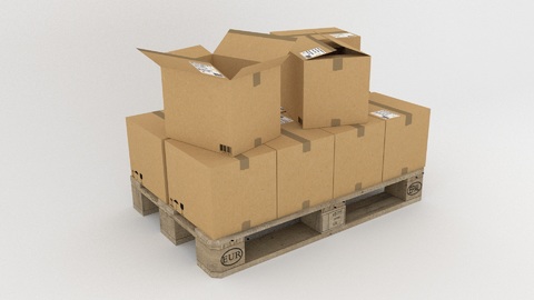 ilustración de muchas cajas de cartón para almacenar sobre  un palet. Dos de las cajas están abiertas