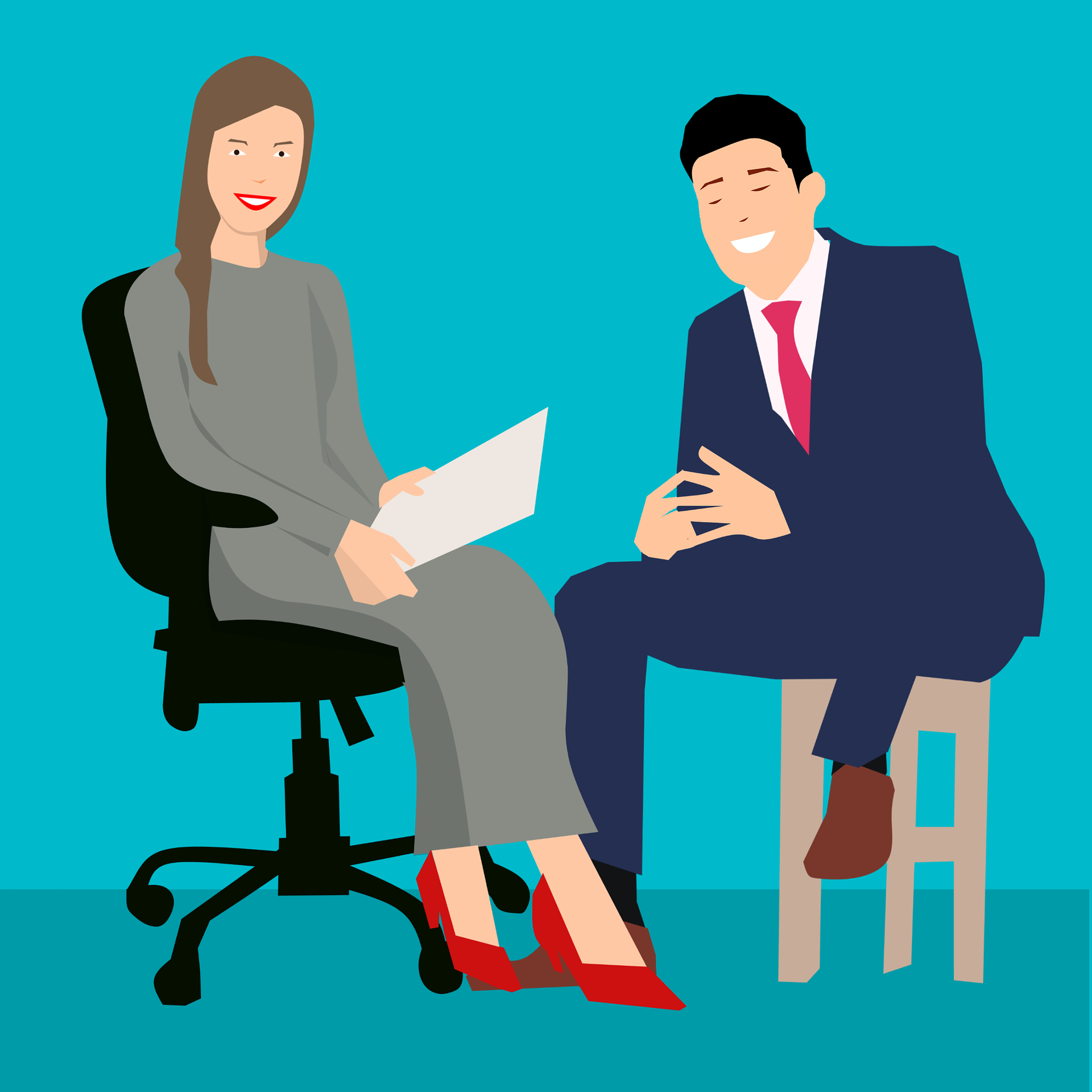 dibujo de una mujer sentada junto a un hombre al que le hace una entrevista. La mujer usa unos papeles para hacer las preguntas