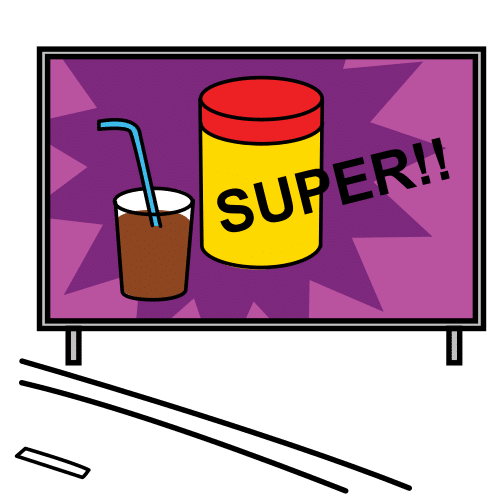 pictograma de un bote de cacao en polvo junto a un vaso de leche con cacao con una pajita y la palabra 'super'