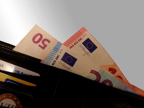 fotografía de una billetera abierta de forma que se pueden ver varios billetes de 50, 20 y 10 euros