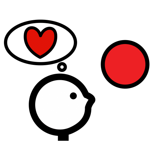 pictograma de una persona pensando y un corazón rojo representando sus pensamientos. Delante de la persona se distingue un círculo de color rojo