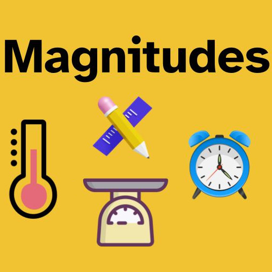 infografía bajo el título magnitudes con iconos de: un termómetro, un peso, una regla y un reloj