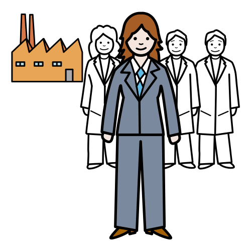 icono de una mujer empresaria delante de una fábrica y varios trabajadores.