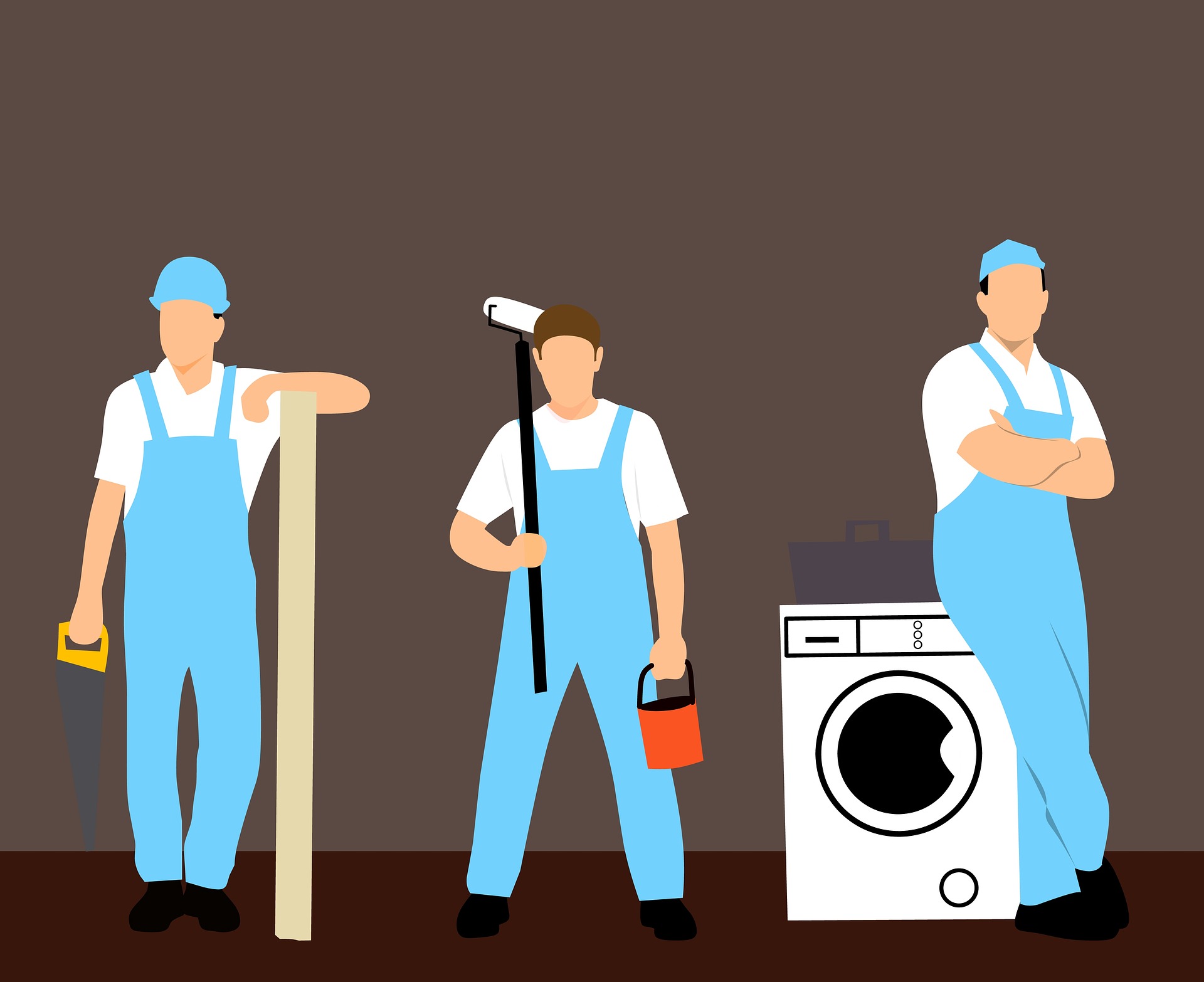 imagen de tres hombres ejerciendo diferentes trabajos: pintura, carpintería y fontanería