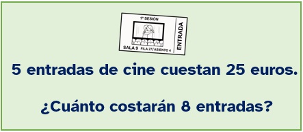 aparece una entrada de cine y el enunciado de un problema con el siguiente texto: 5 entradas de cine cuestan 25 euros. ¿Cuánto costarán 8 entradas?