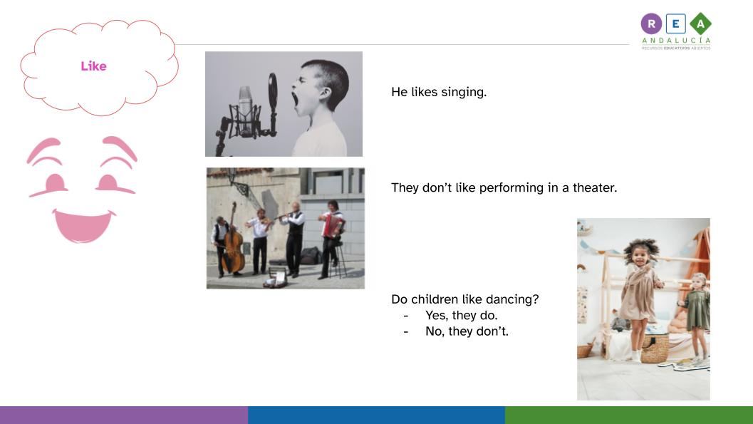 La imagen muestra ejemplos del verbo like seguido de -ing en afirmativa, negativa e interrogativa