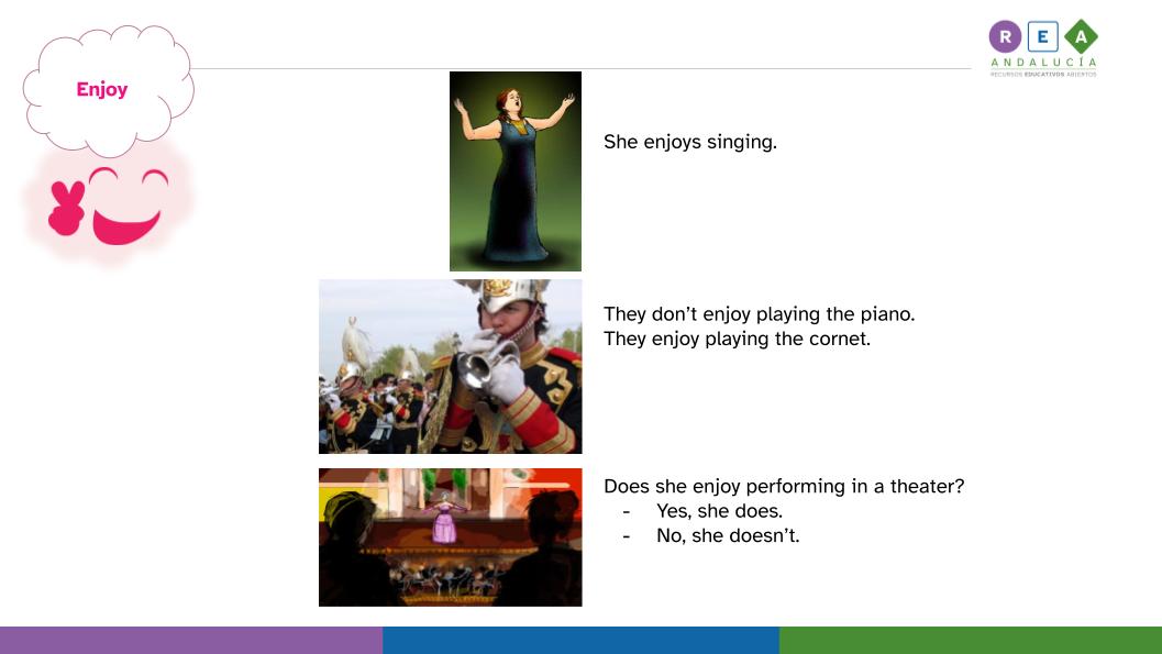 La imagen muestra ejemplos del verbo enjoy seguido de -ing en afirmativa, negativa e interrogativa