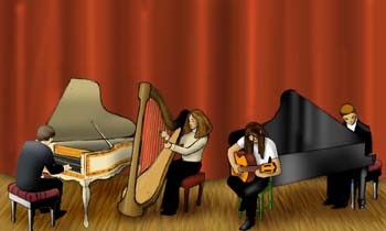 La imagen muestra un cuarteto de cuerda percutida-pulsada
