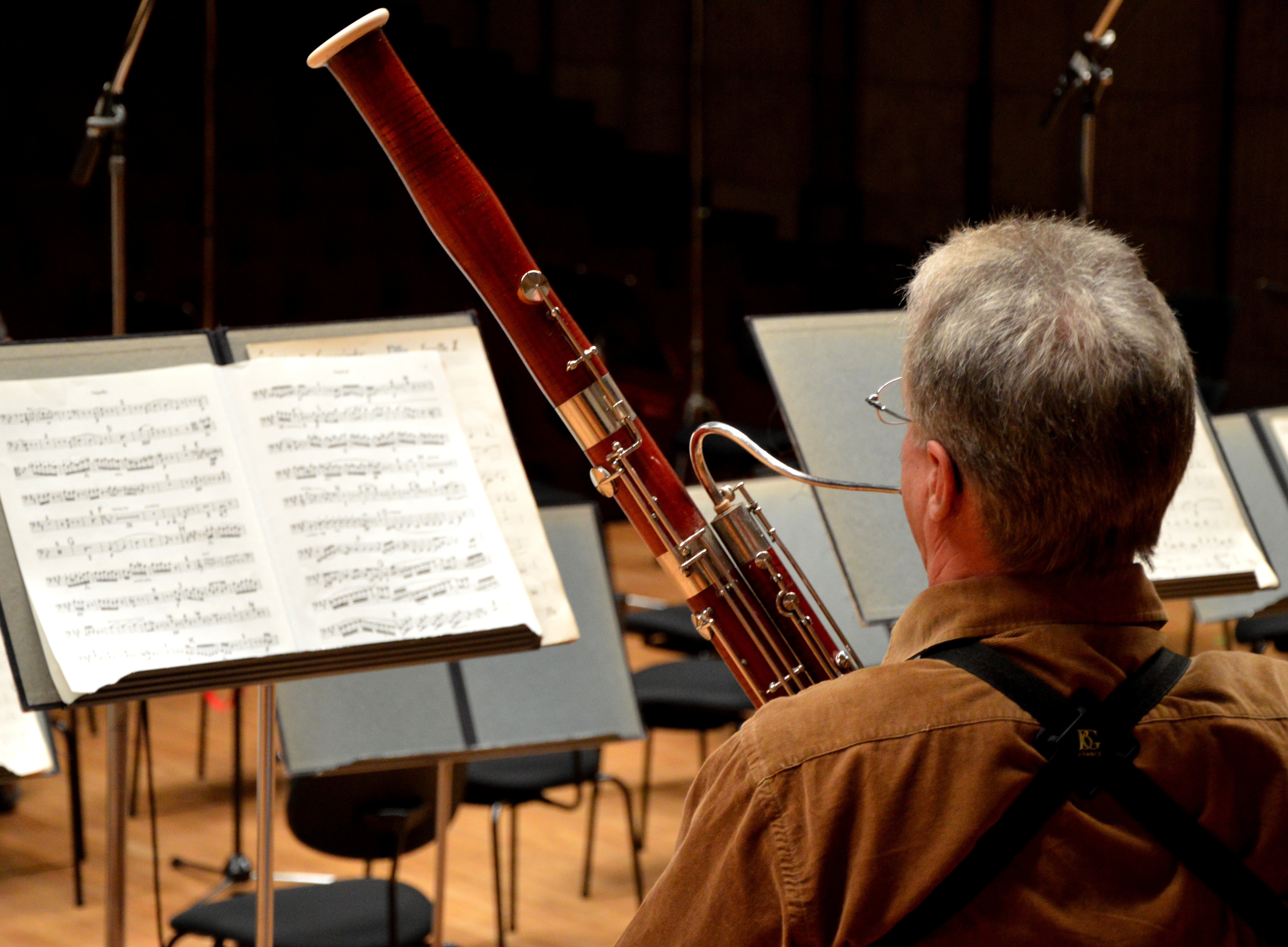 La imagen muestra a un hombre de espaldas tocando un fagot en una orquesta.