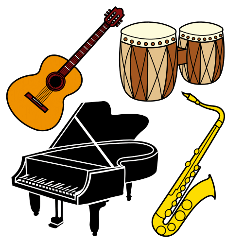 La imagen muestra varios instrumentos musicales