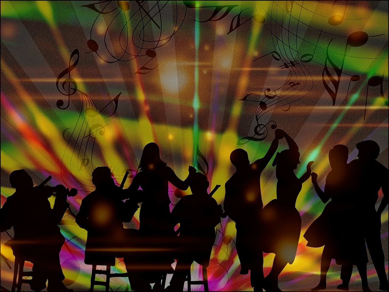 La imagen muestra un grupo de personas bailando con música