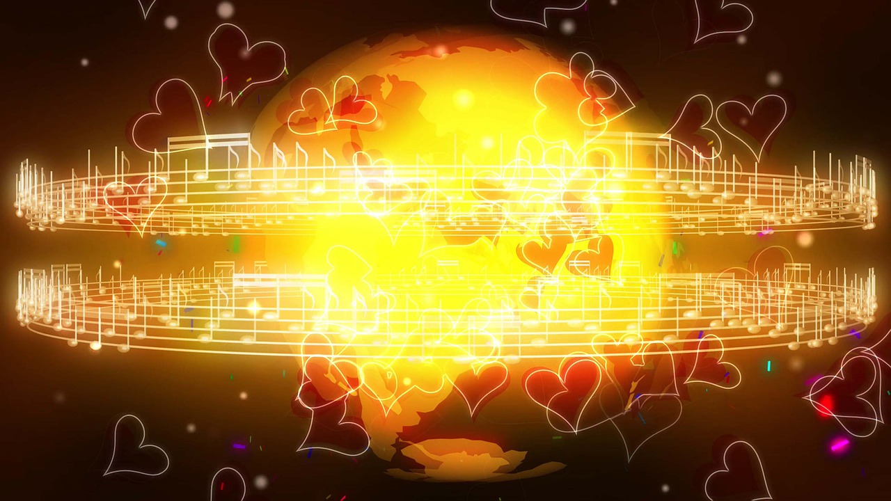La imagen muestra notas musicales girando y con corazones alrededor
