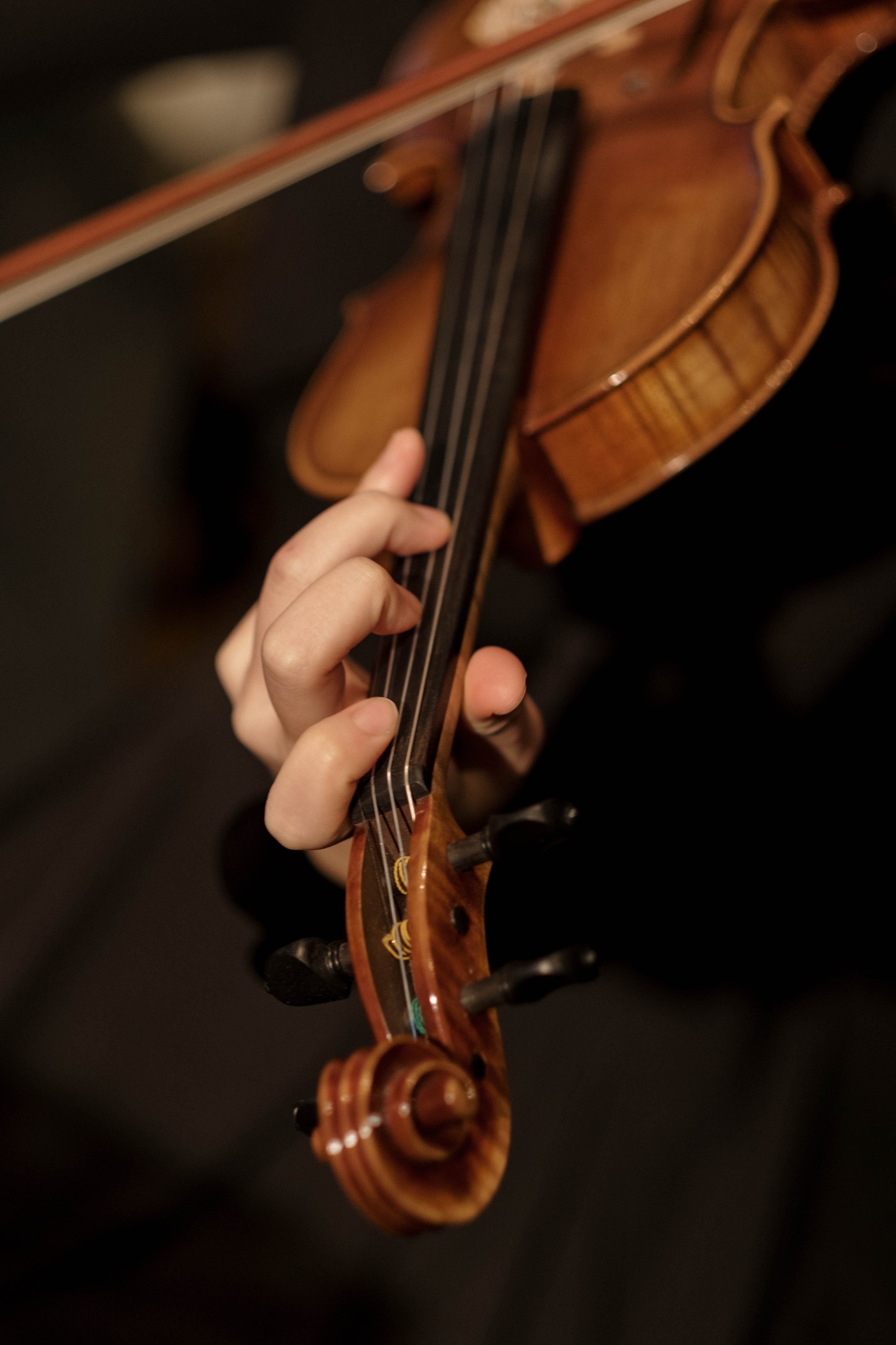 La imagen muestra una mano tocando un violín.