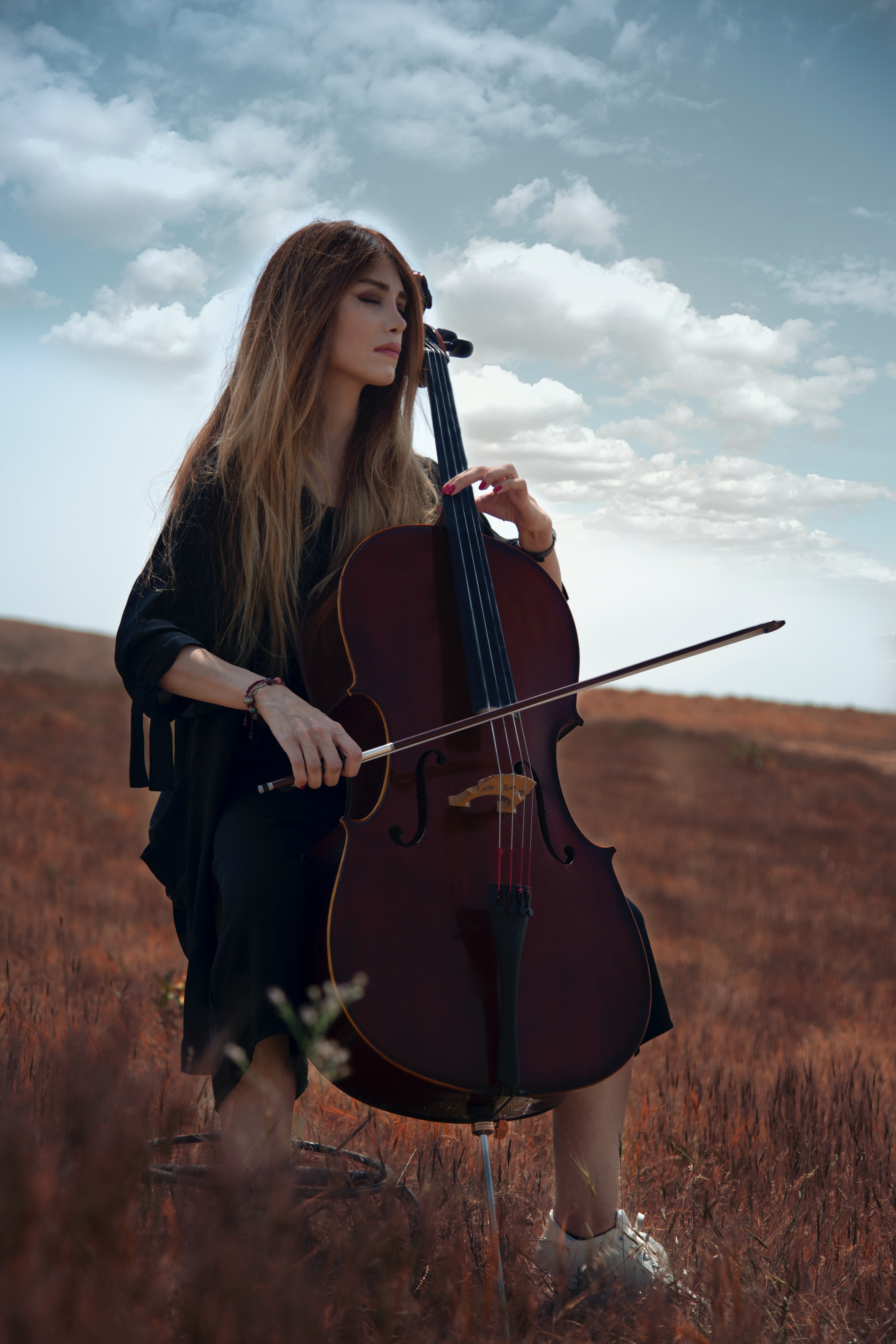 La imagen muestra a una mujer en medio del campo tocando el violonchelo.