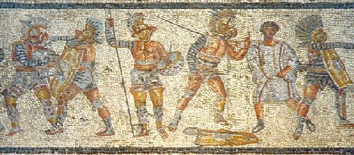 mosaico romano que representa escenas de gladiadores
