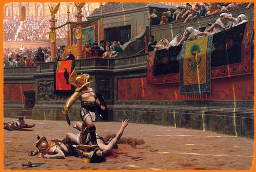 Un gladiador espera la decisión del público sobre la suerte de su oponente derrotado (el famoso pulgar arriba o abajo)