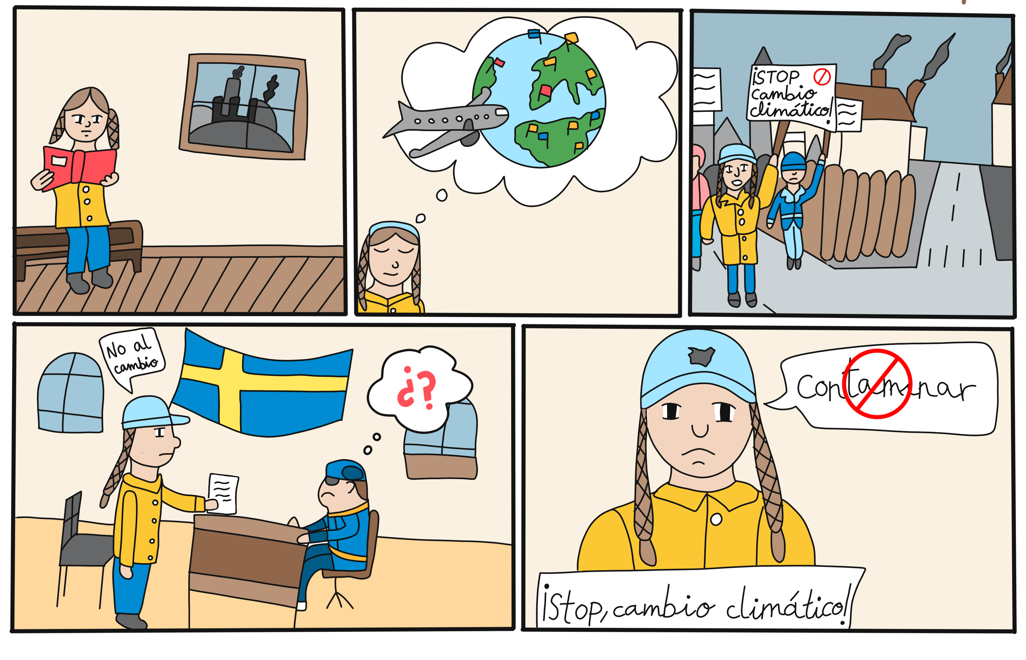 Cómic de 5 viñetas en el que se cuénta cómo Greta Thunberg lucha contra el cambio climático-