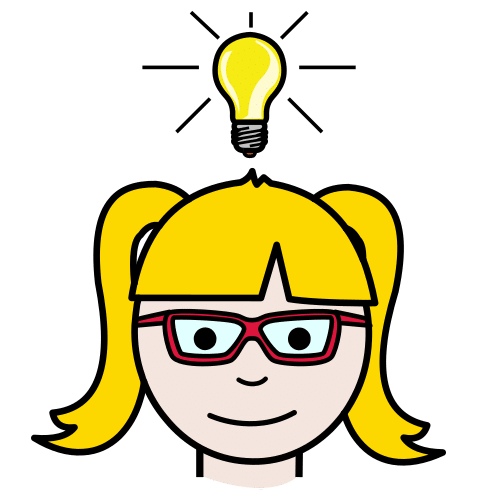 Imagen de una niña rubia con dos colas y gafas, con una bombilla encendida encima de la cabeza.