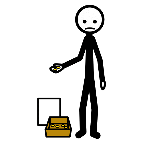 Imagen de una persona desfavorecida pidiendo ayuda con una caja al lado.
