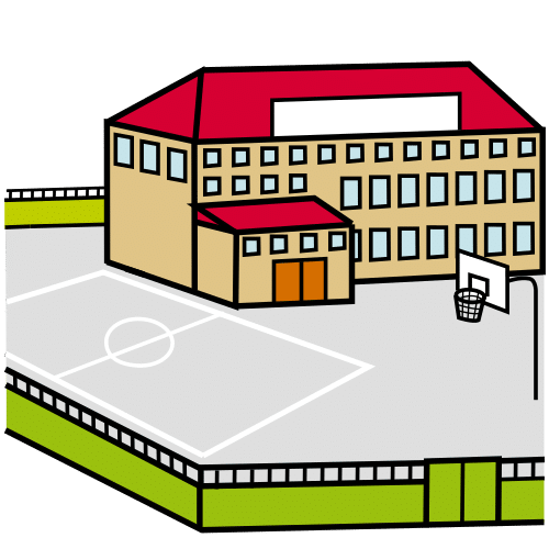 La imagen muestra el edificio de un instituto al fondo y el patio y las pistas de deporte delante de él.
