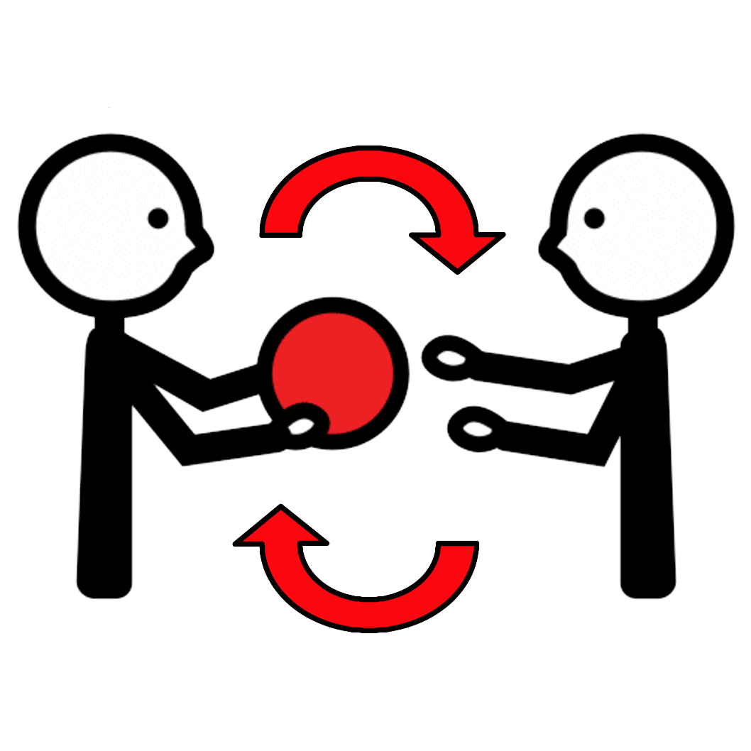 La imagen muestra dos personas compartiendo una pelota roja, que sostiene una de ellas en sus manos, y dos flechas rojas, una encima y otra debajo indicando ida y vuelta.