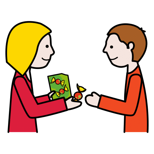 La imagen muestra a dos personas compartiendo caramelos.