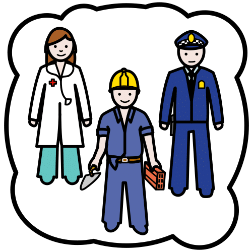 La imagen muestra una médico, un albañil y un policía dentro de un conjunto.