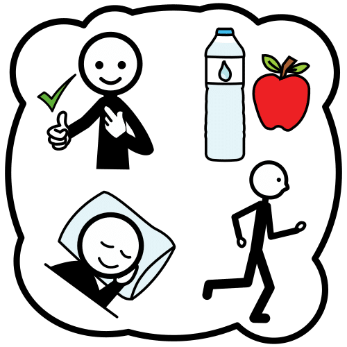 La imagen muestra una persona con el pulgar hacia arriba, una botella de agua junto a una manzana, una persona apoyada en una almohada y otra persona corriendo.