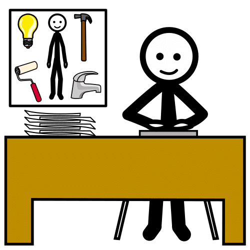 La imagen muestra una persona sentada tras una mesa con muchos papeles por delante y al lado de ella hay un recuadro en el que aparecen una bombilla, un martillo, un rodillo de pintura y un grifo junto a la silueta de una persona.
