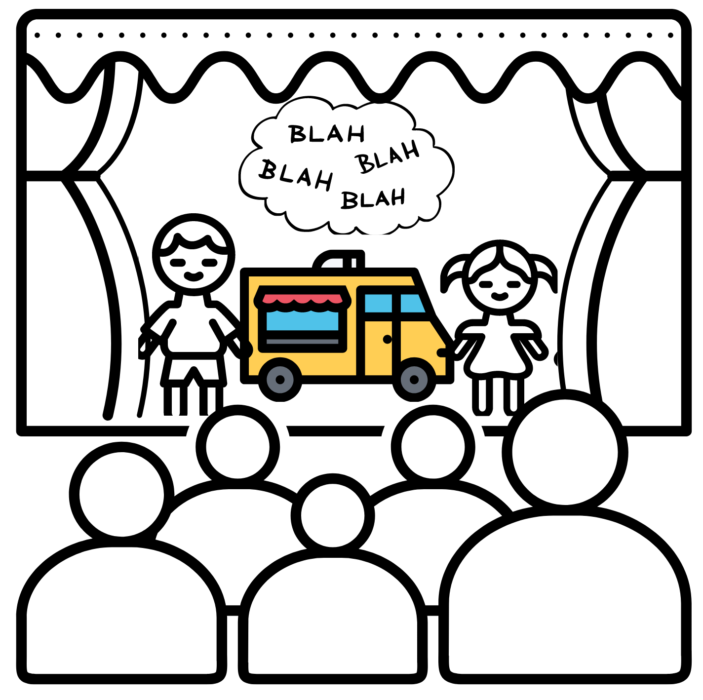 En la imagen aparecen unos niños realizando una representación o un teatro sobre un food truck