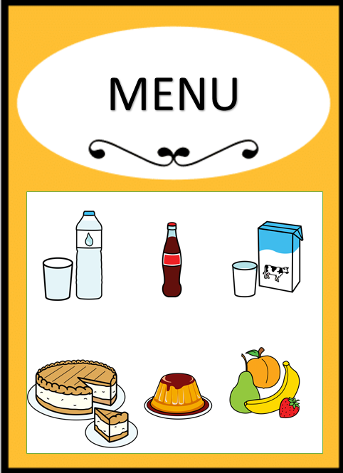 En la imagen aparece el menú de un restaurante, en el que se pueden ver imágenes de distintas bebidas y postres: una botella de agua, un refresco de cola, un cartón de leche, una tarta, un flan y frutas