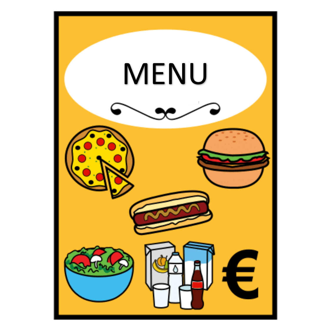 En la imagen aparece el menú de un restaurante, en el que se pueden ver imágenes de distintos platos: una pizza, una hamburguesa, un perrito caliente, una ensalada y varias bebidas