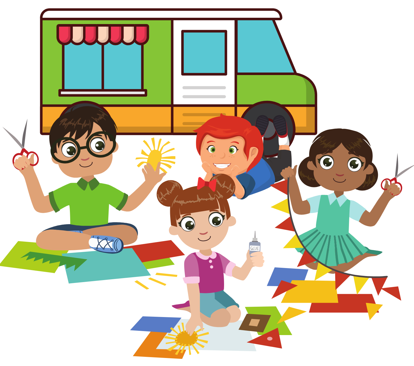 En la imagen aparece un grupo de 4 niños y niñas que están construyendo un food truck, trabajando en equipo