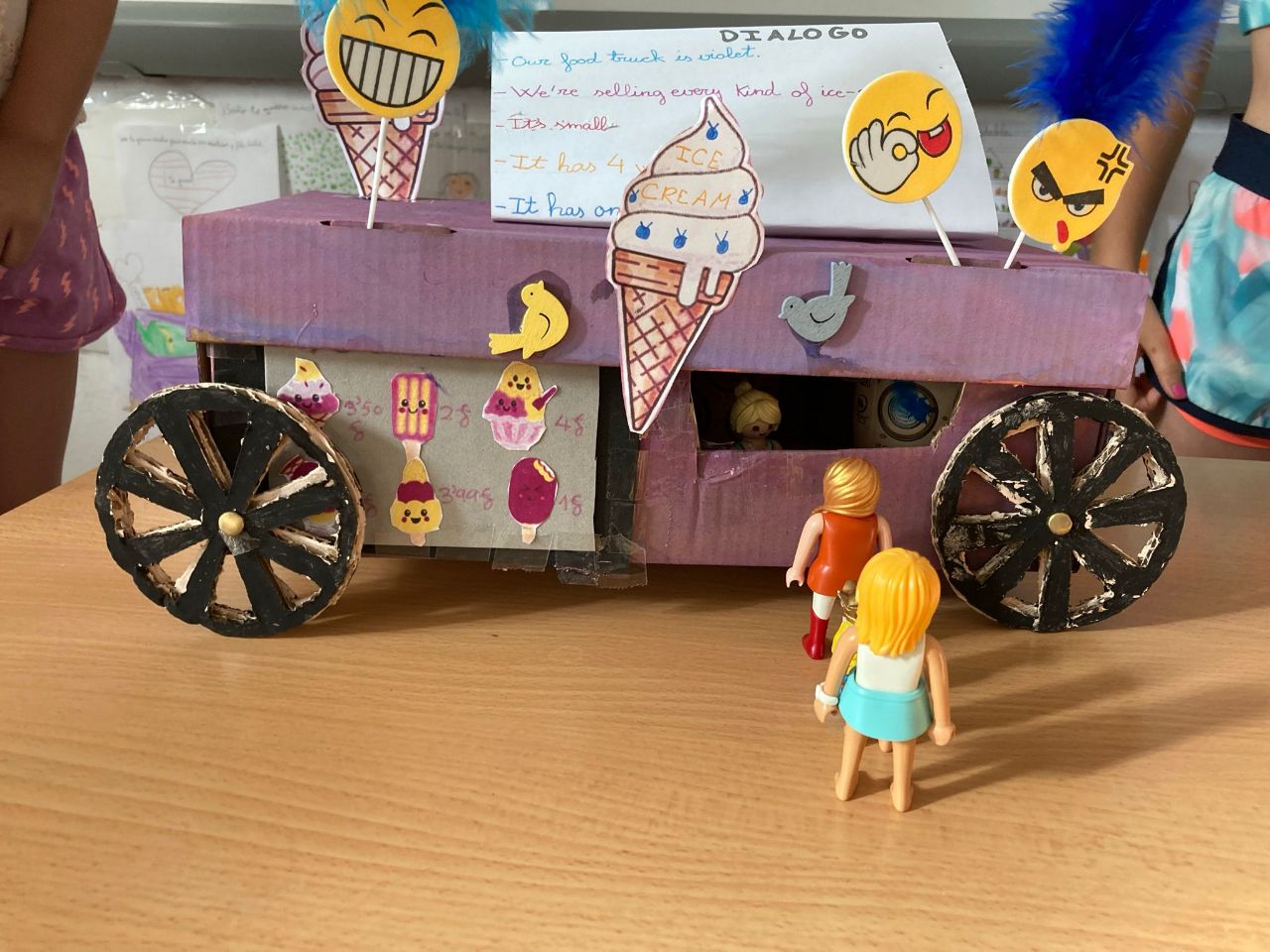En la imagen se puede ver una camioneta que vende helados hecha con materiales reciclado hecha por niños donde se ven dos playmobils comprando