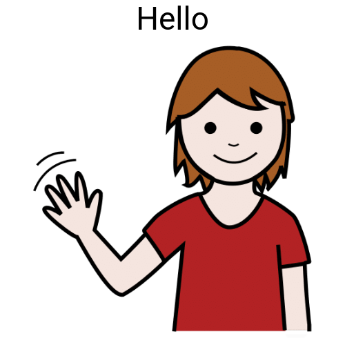 En la imagen se puede ver la representación del saludo hola. Aparece una chica sonriente agitando la mano. En la parte superior se muestra la palabra hello