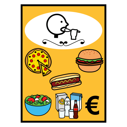 En la imagen puedes ver un menú con diferentes elementos, tales como pizza, hamburguesa, ensalada, hot-dog y bebidas
