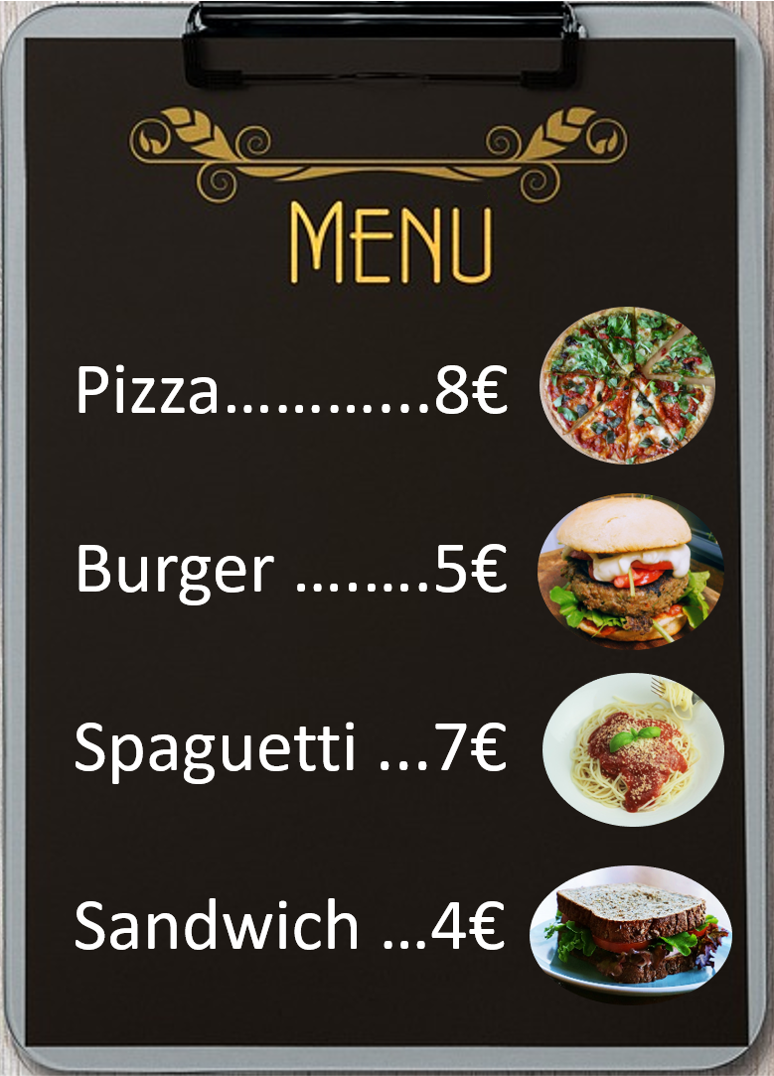 En la imagen se puede ver un menú con diferentes platos y sus precios