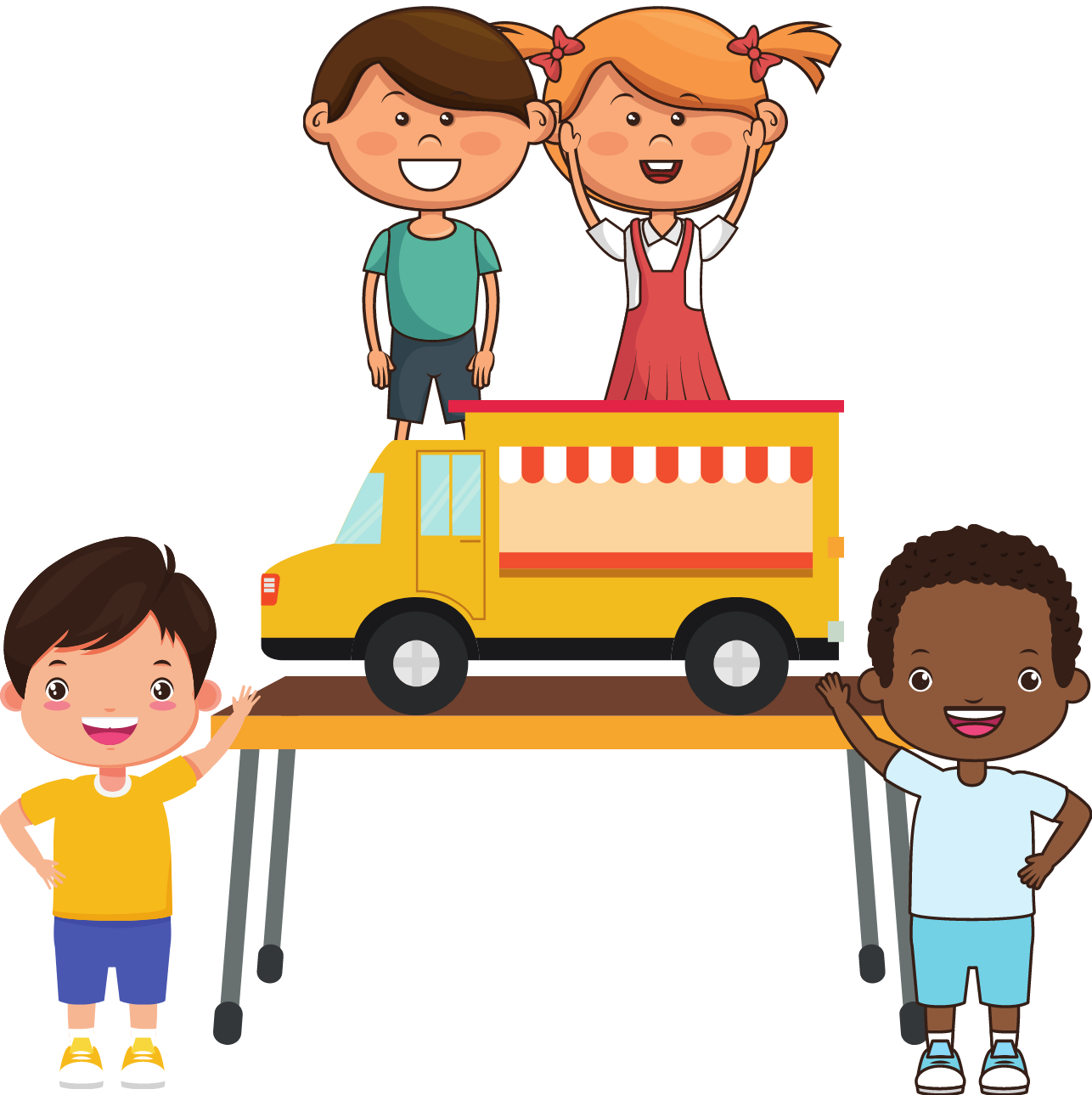 En la imagen se ve un grupo de 4 niños y niñas que están mostrando a los demás el food truck que han elaborado