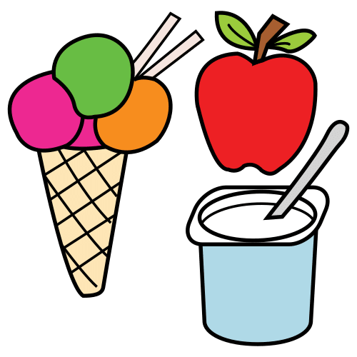 En la imagen puedes ver diferentes postres, tales como un helado, una manzana y un yogurt