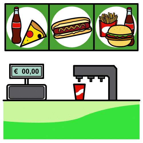 En la imagen aparecen differentes elementos relacionados con la venta de comida rápida, tales como pizzas, hamburguesas, hot-dogs, refrescos, dispensador de refrescos y una caja registradora