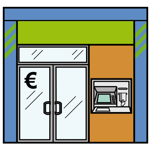La imagen muestra un edificio azul con un cajero automático a la derecha y una puerta con el símbolo del euro a la izquierda.