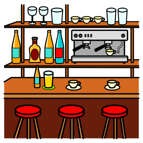 La imagen muestra la barra de una cafetería. Hay tres taburetes rojos delante de la barra. En la barra se ven un par de tazas y un vaso. Detrás de la barra se ven dos estanterías con vasos y botellas y en la parte de abajo una máquina de café.