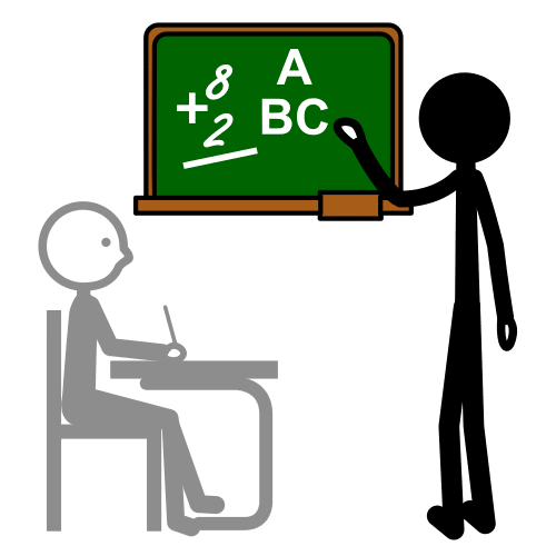 La imagen muestra un muñeco explicando una lección en una clase.