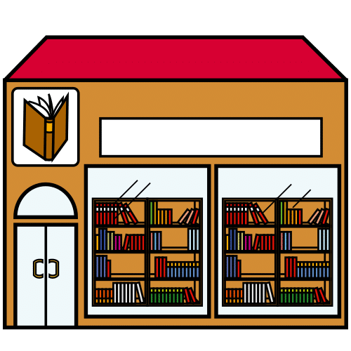 La imagen muestra un edificio con muchos libros en dos ventanas que están a la derecha. A la izquierda hay una  puerta con un libro en la parte superior.