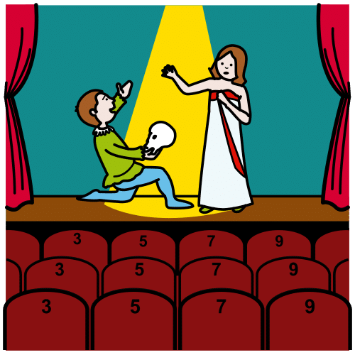 La imagen muestra al fondo un escenario de un teatro y dos actores actuando. Delante del escenario se pueden ver muchas sillas por detrás. 