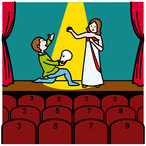En la imagen se ve al fondo un escenario con un actor de rodillas a la izquierda y una actriz con un vestido blanco a la derecha. Delante del escenario se ve la parte de atrás de muchas sillas con fondo rojo.