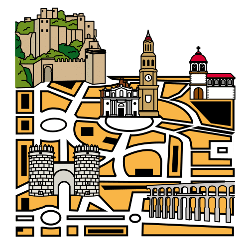 La imagen muestra el plano de una ciudad donde se ve al fondo a la izquierda restos de un castillo, en el centro una iglesia, a la derecha otra iglesia y en el primer plano de la imagen se ve a la derecha restos de una muralla y a la izquierda una torre de defensa. 