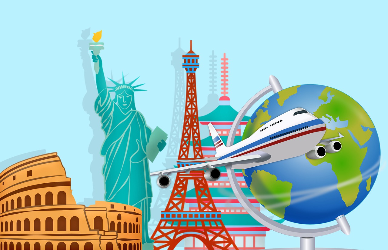 La imagen muestra un avión y monumentos importantes de ciudades del mundo.