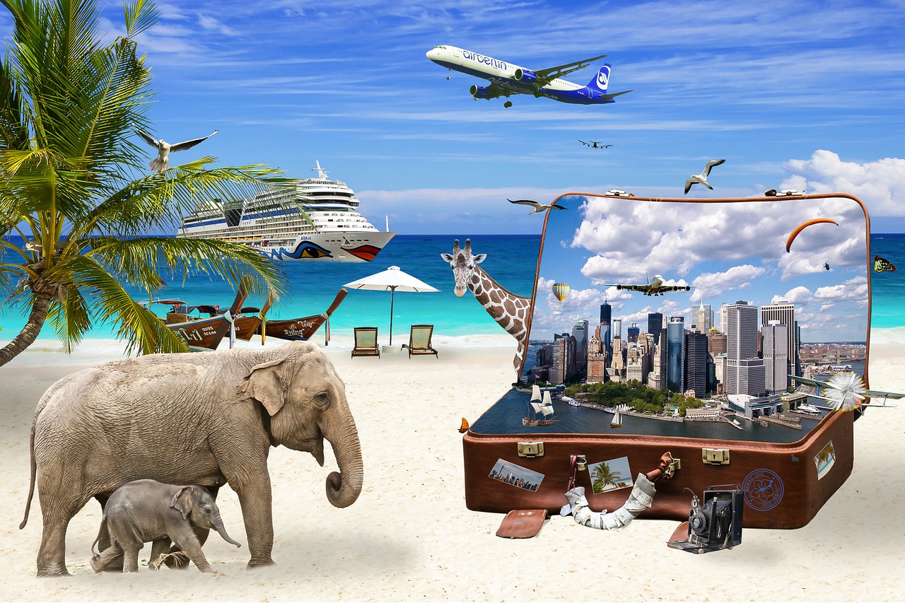 La imagen muestra una maleta y un fondo de viajes.