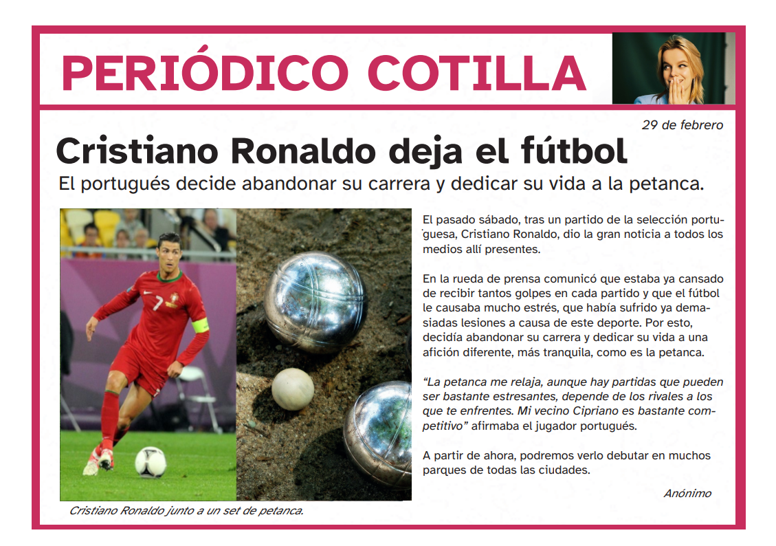Periódico donde aparece una noticia falsa: Cristiano Ronaldo deja el fútbol.